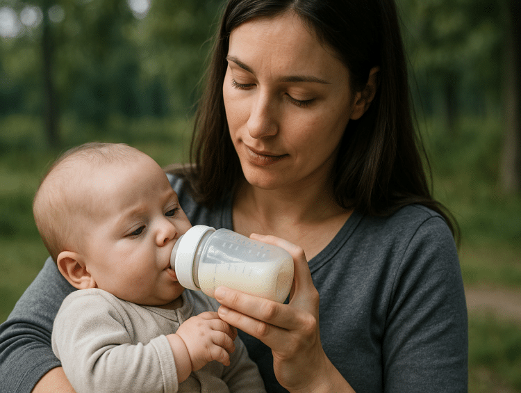 bébé qui boit son biberon dans les bras de sa maman
